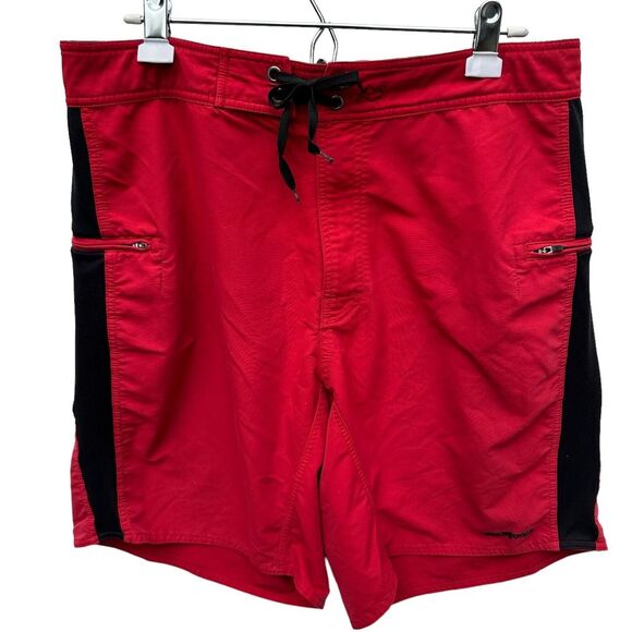 Men's PATAGONIA Sz 36 Red Black Zip Front Tie Waist Swim Trunks Board Shorts‎ - Picture 1 of 6